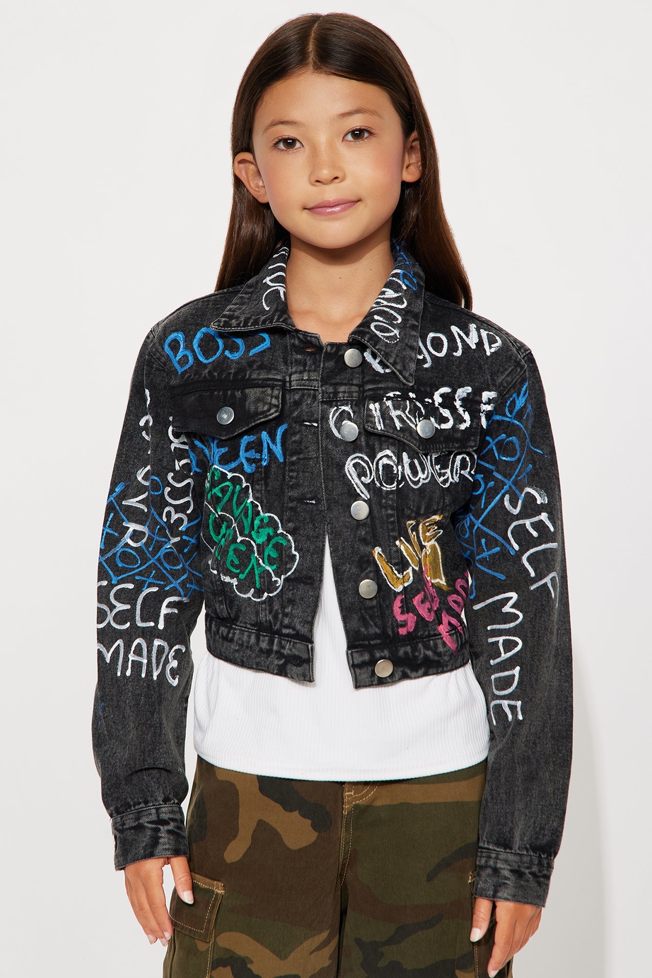 Mini Self Made Girl Graffiti Print Denim Jacket - Black Wash