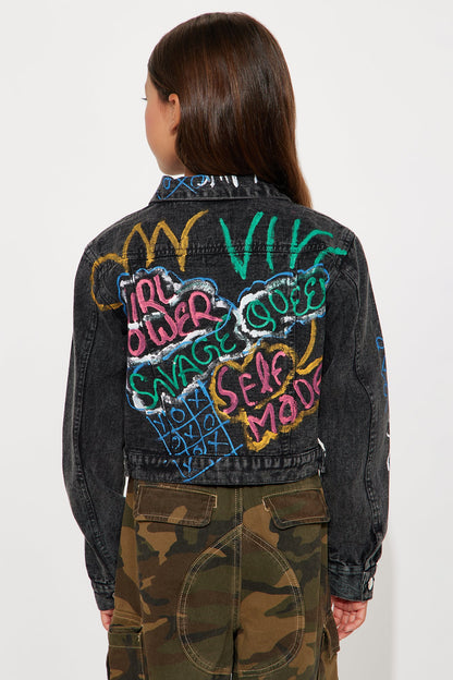 Mini Self Made Girl Graffiti Print Denim Jacket - Black Wash