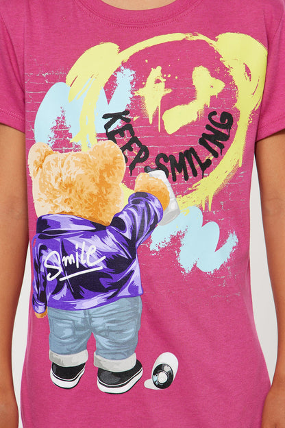 Mini Keep Smiling Graphic Short Sleeve Tee - Fuchsia