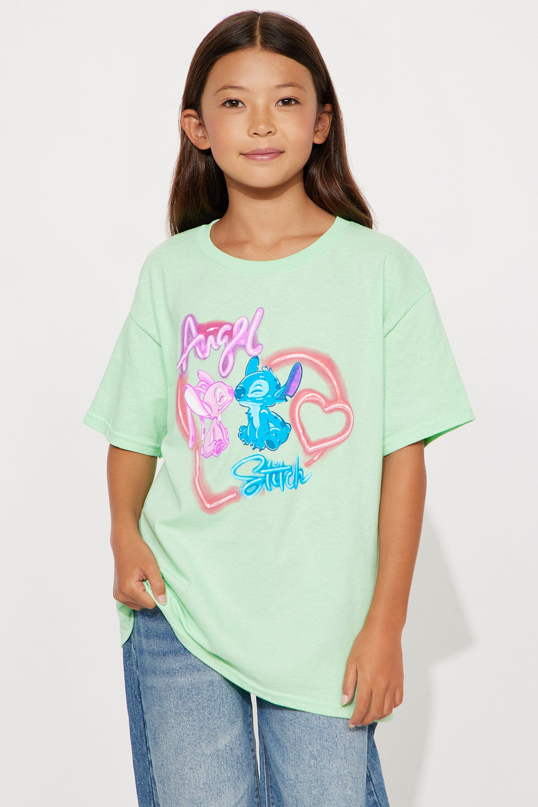 Mini Angel And Stitch Airbrush Short Sleeve Tee - Neon Green