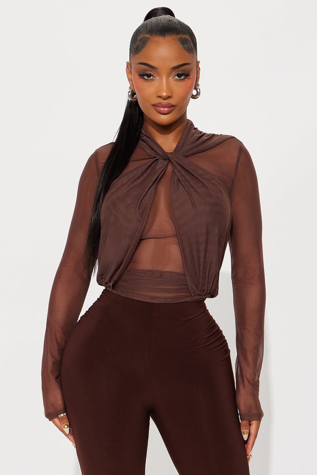 Avery Long Sleeve Mesh Top - Chocolate