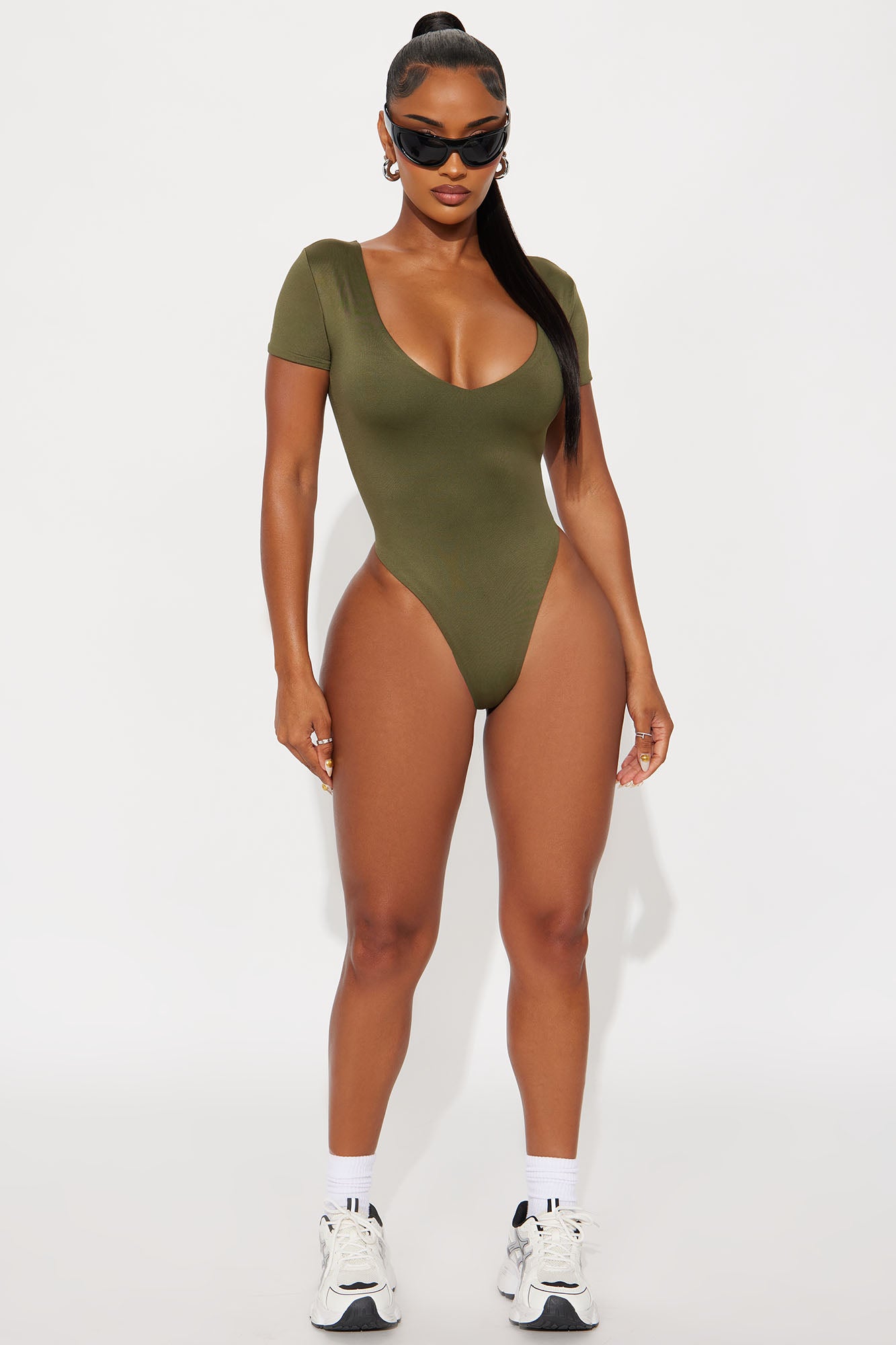 Contour Double Lined Short Sleeve High Cut Bodysuit - Military Green