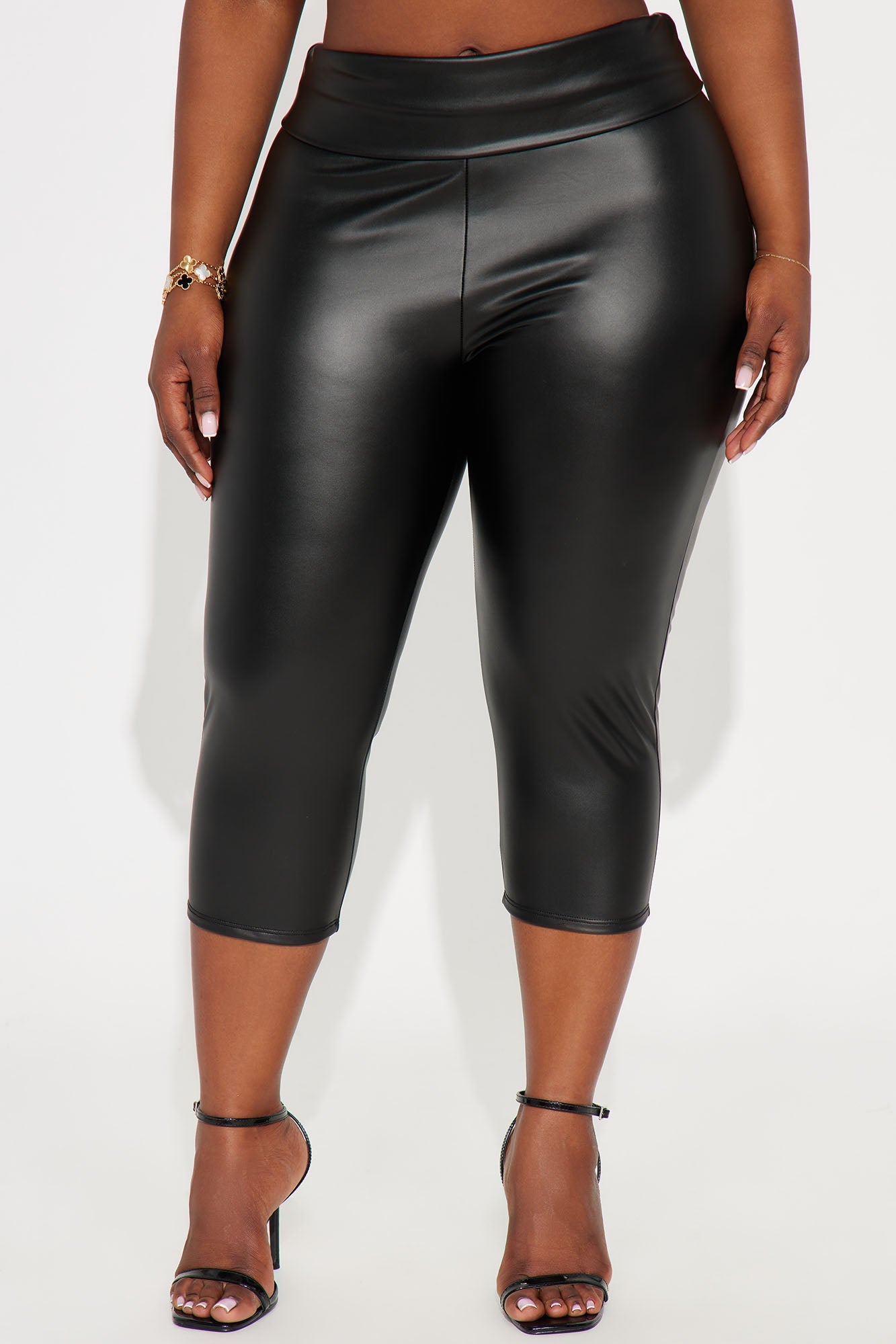 Kyrie Foldover Waistband Faux Leather Capri Legging - Black