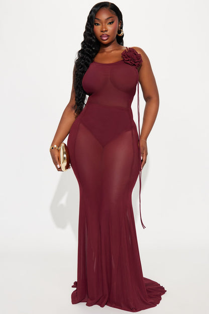 Sheer Goddess Mesh Maxi Dress - Burgundy