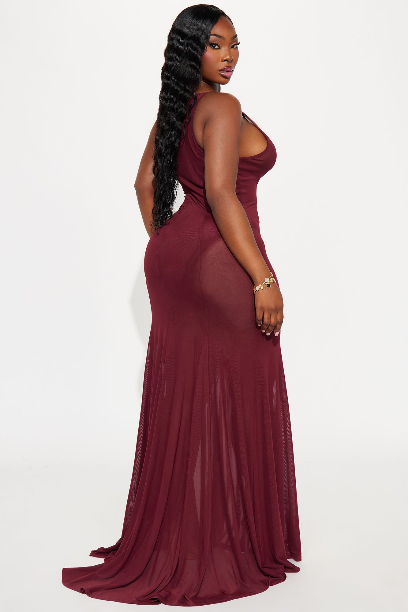 Sheer Goddess Mesh Maxi Dress - Burgundy