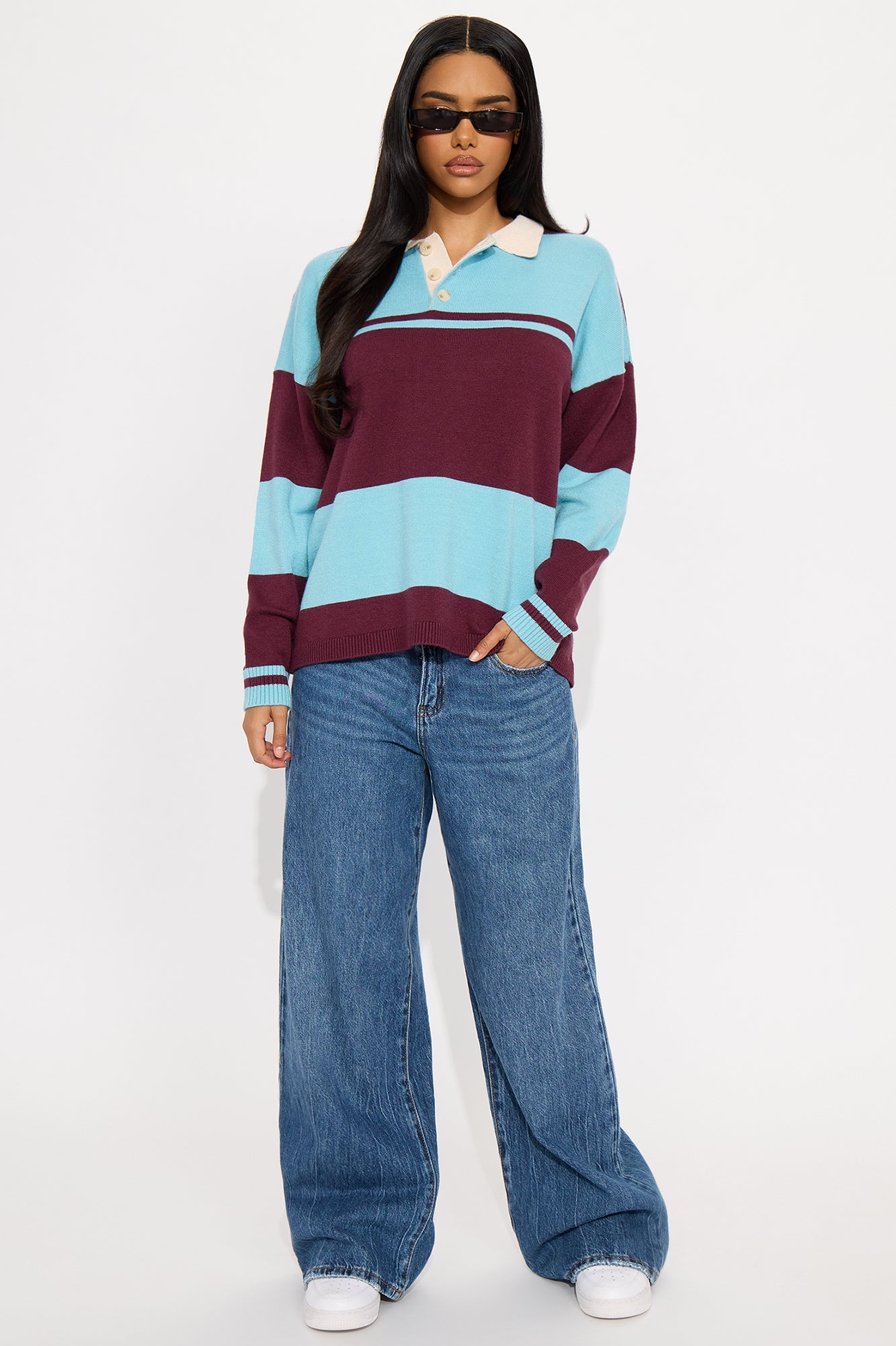 Down The Line Striped Polo Sweater - Blue/combo