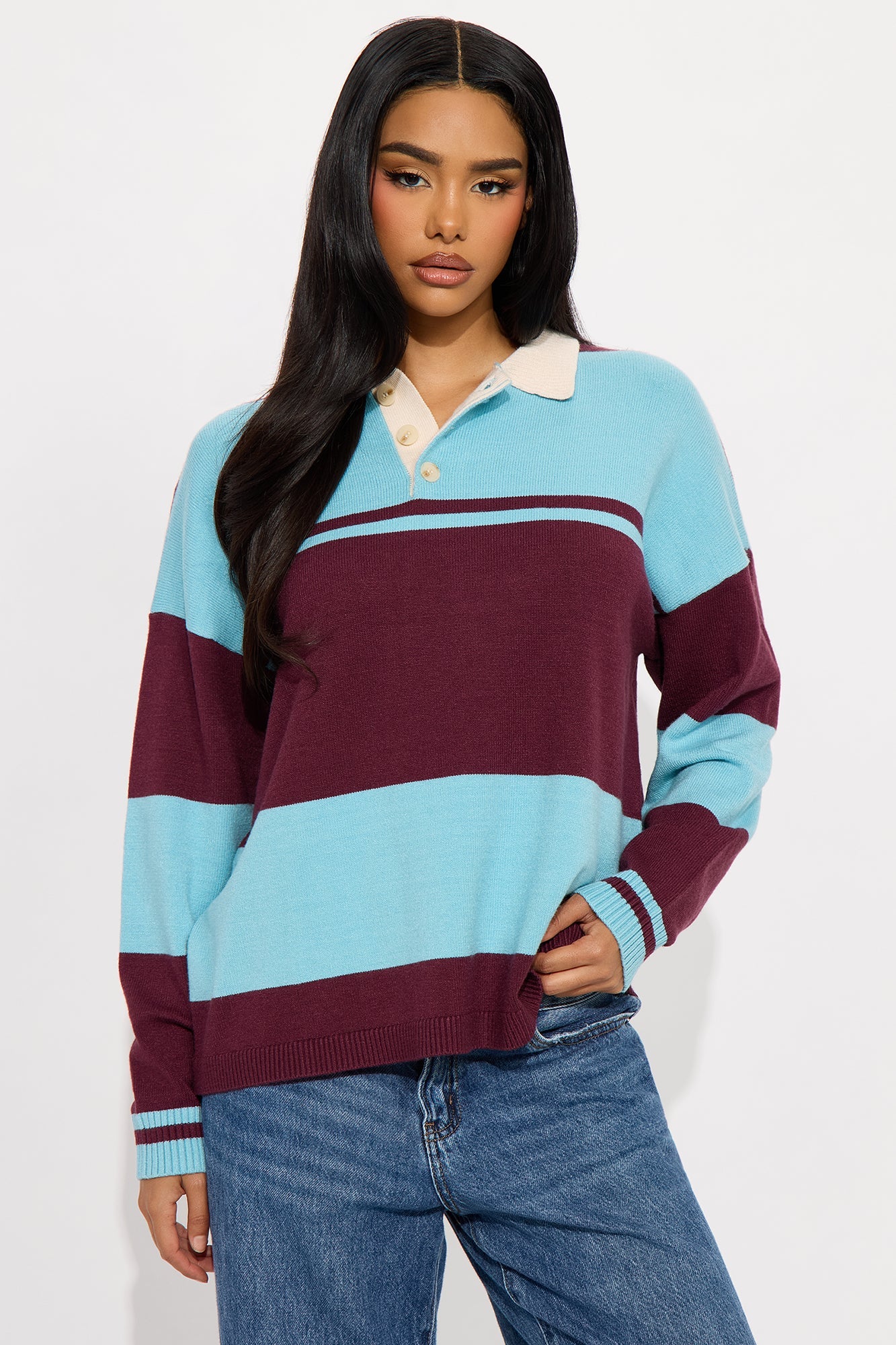 Down The Line Striped Polo Sweater - Blue/combo