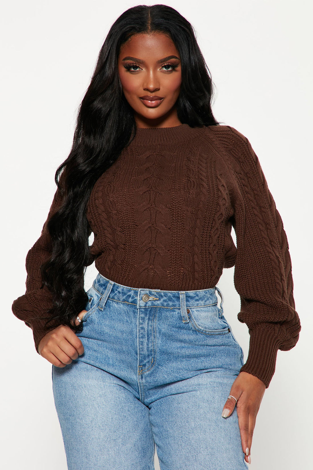 Melissa Cable Knit Cropped Sweater - Chocolate