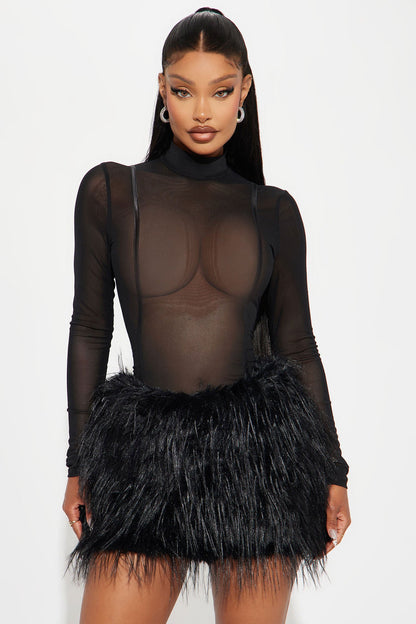 Pour It Up Faux Fur Mesh Mini Dress - Black