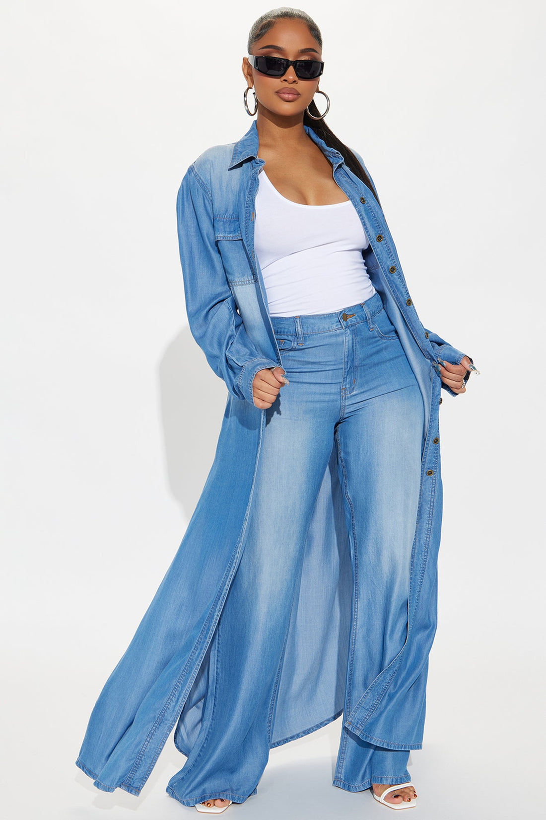 Urban Blues Washed Wide Leg Pant Set - Medium Wash