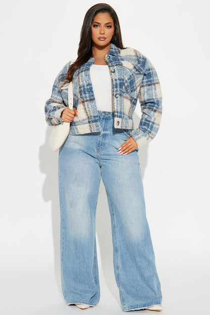 Ava Plaid Sherpa Shacket - Blue/combo