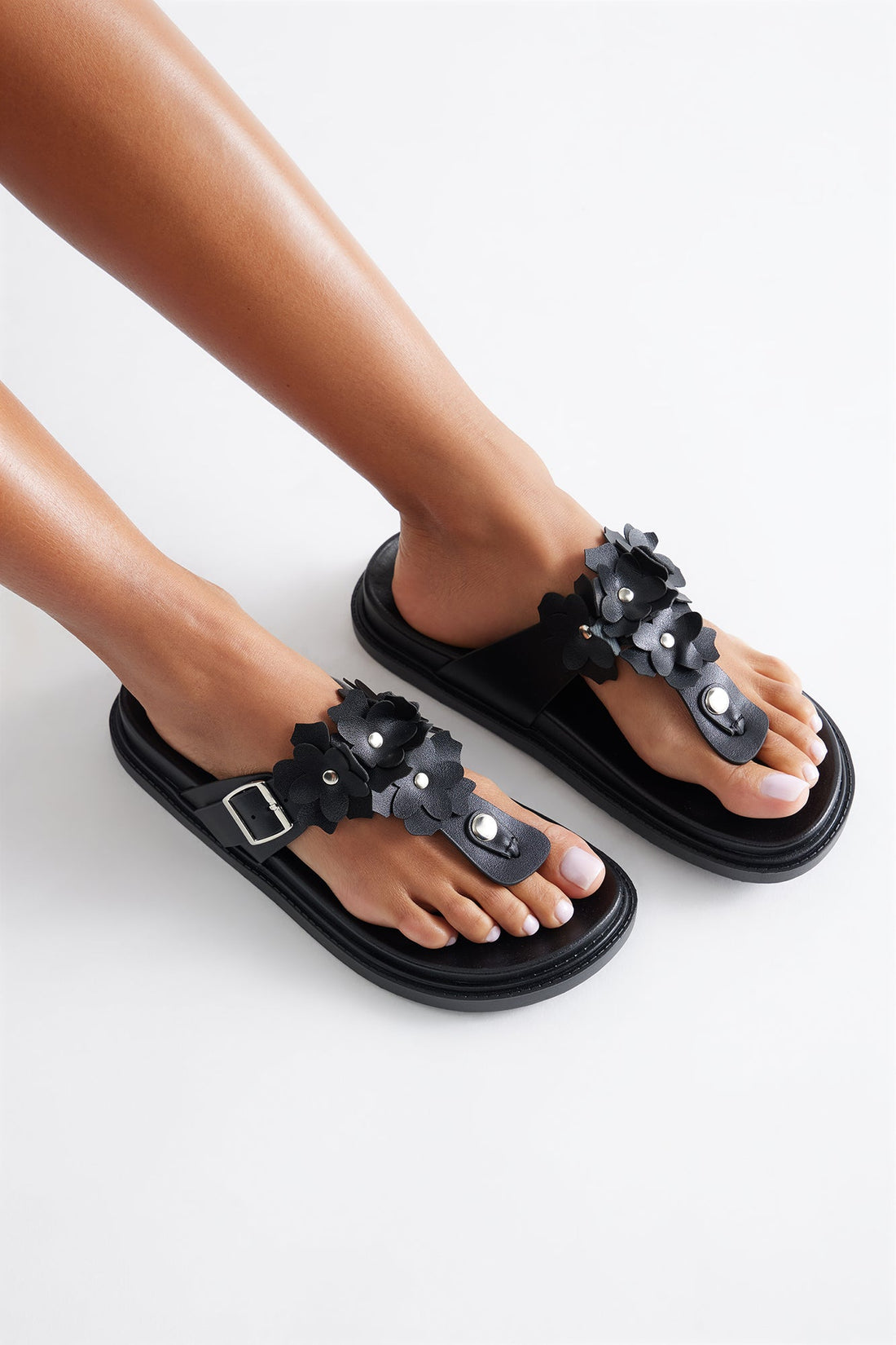 Matcha Buckle Faux Leather Flip Flops - Black