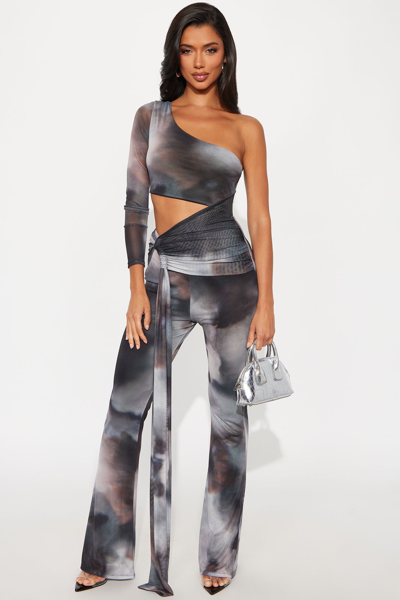 High Risk One Shoulder Flare Leg Jumpsuit - Charcoal/combo