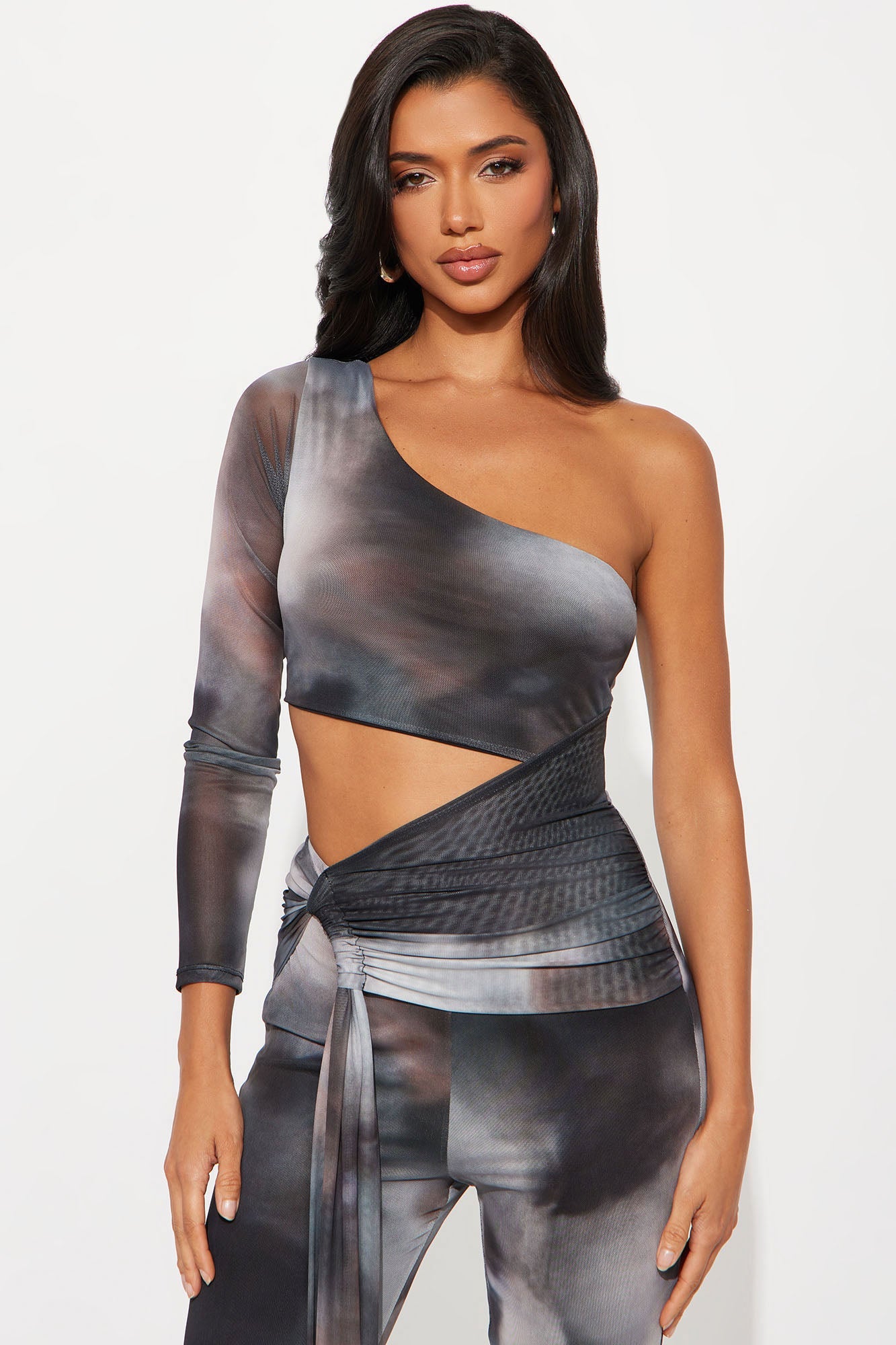 High Risk One Shoulder Flare Leg Jumpsuit - Charcoal/combo