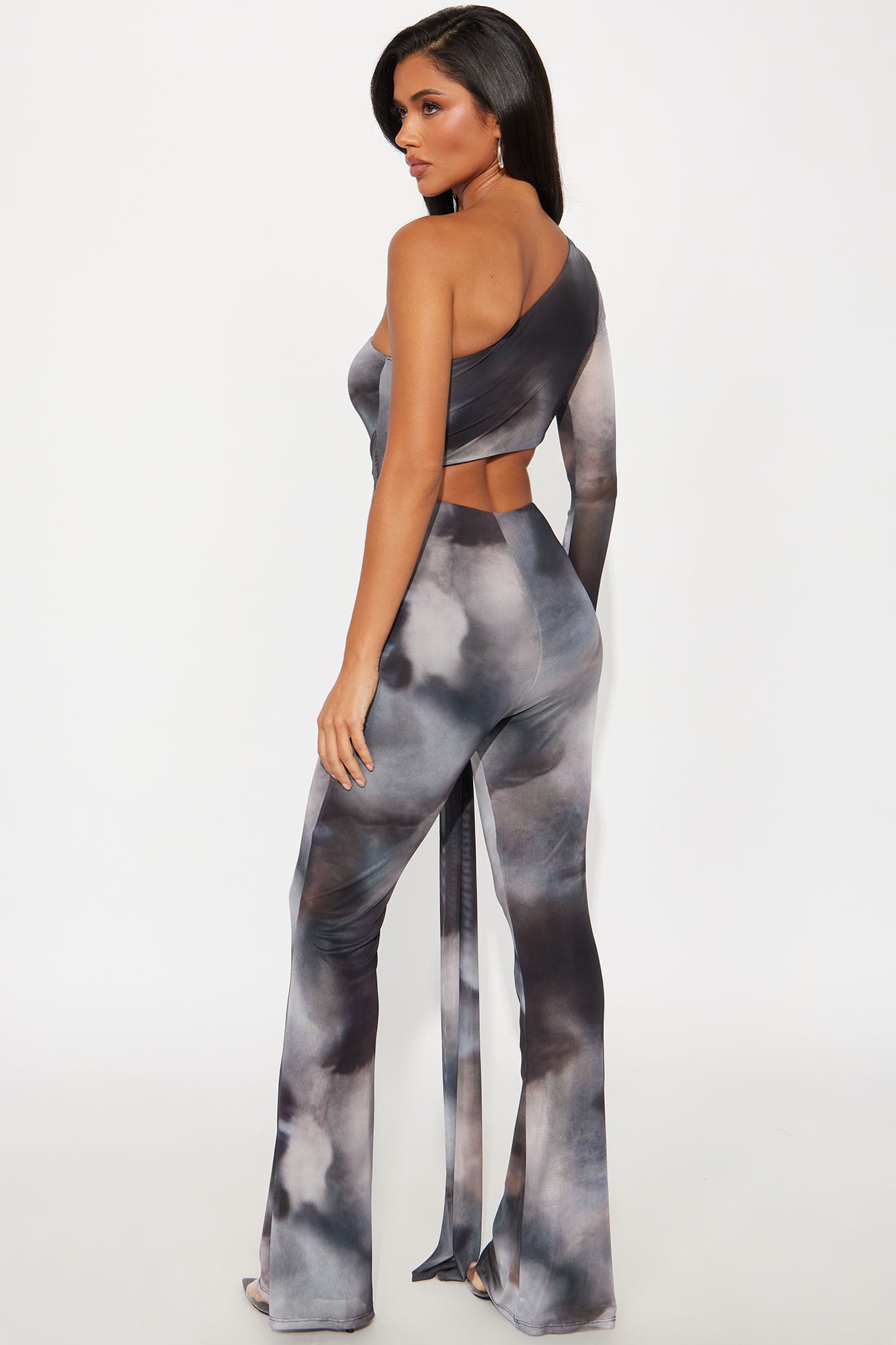 High Risk One Shoulder Flare Leg Jumpsuit - Charcoal/combo