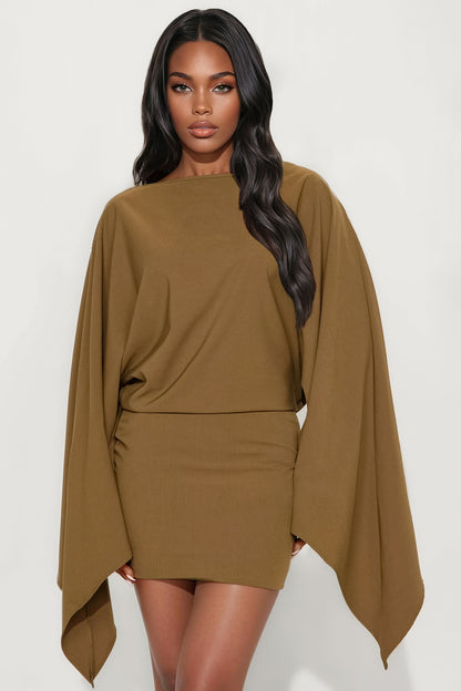 Annora Draped Long Sleeve Mini Dress - Olive