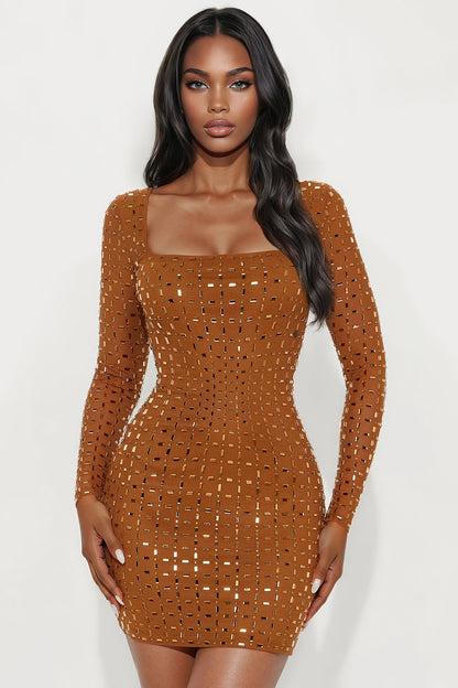 Lexi Backless Rhinestone Mesh Mini Dress - Mocha