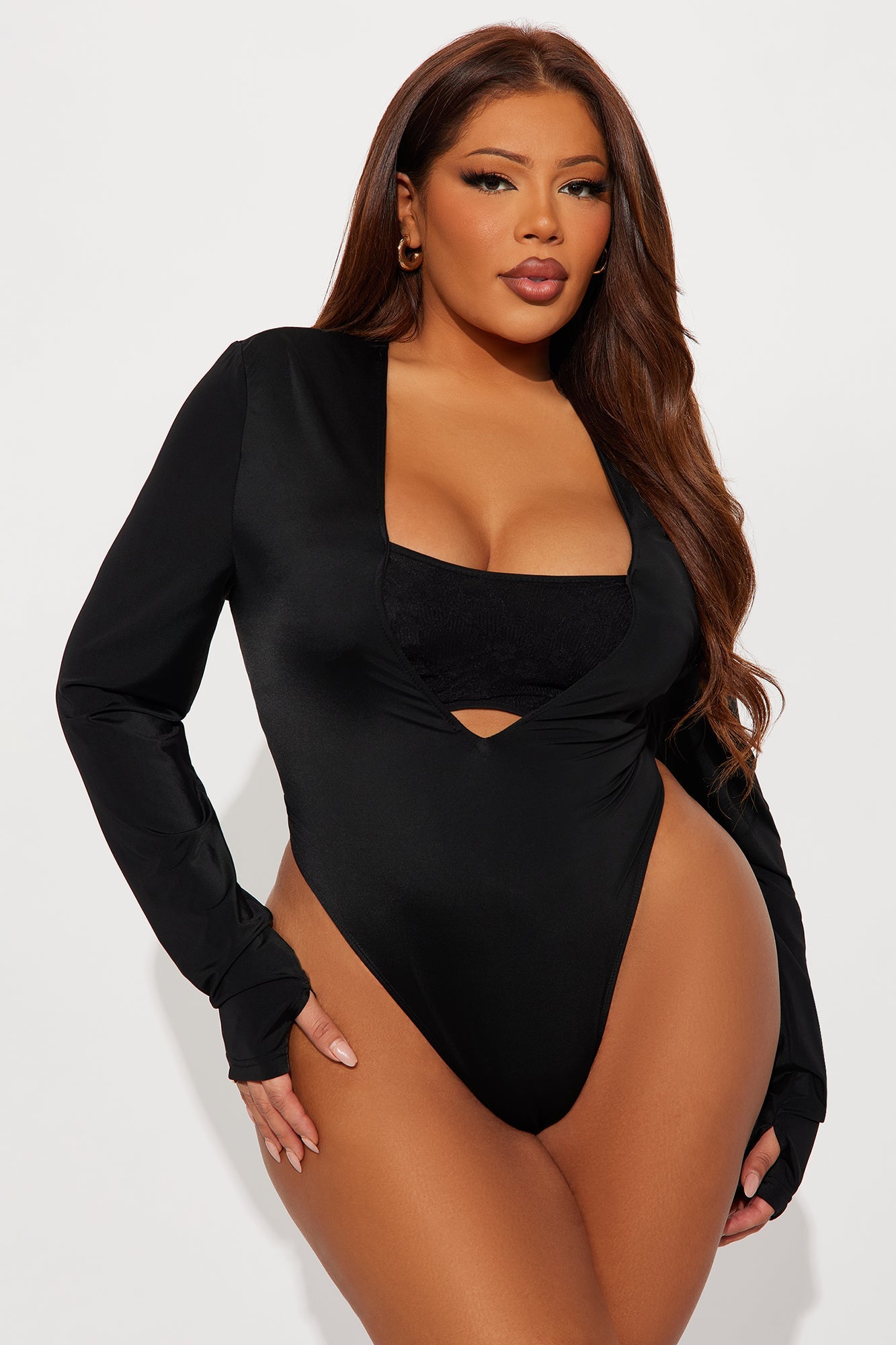 Standing Ovation Long Sleeve High Cut Bodysuit - Black
