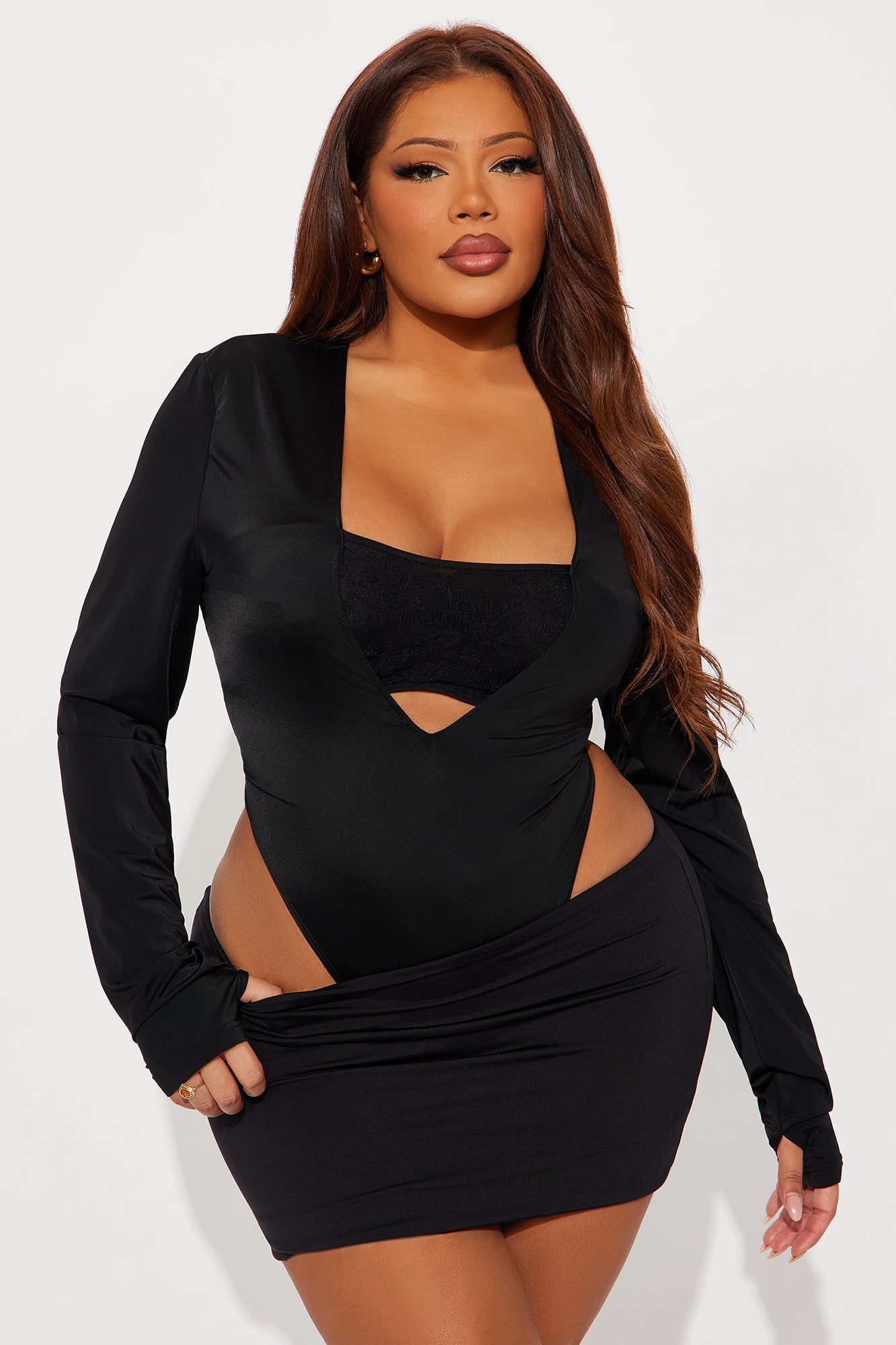 Standing Ovation Long Sleeve High Cut Bodysuit - Black