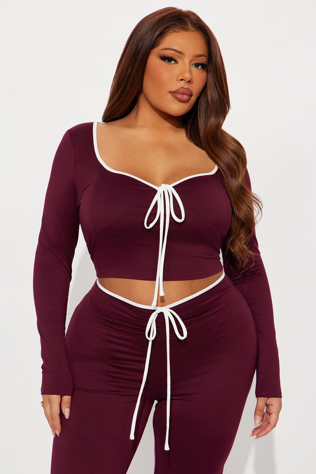 The Bow Era Long Sleeve Pant Set - Burgundy