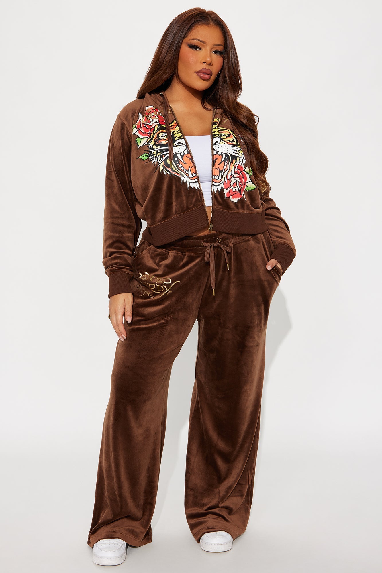Ed Hardy Tiger Retro Velour Pant Set - Chocolate