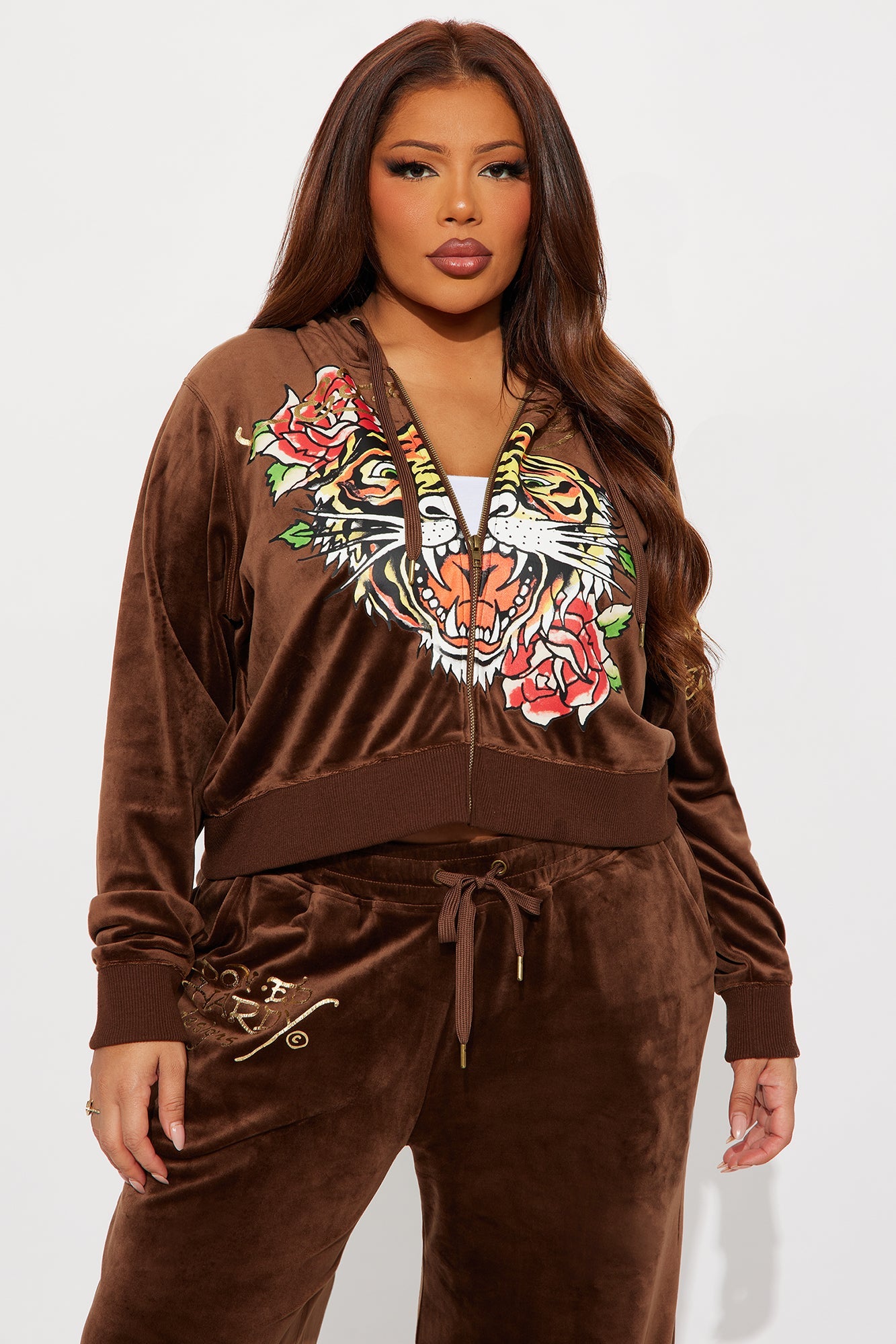 Ed Hardy Tiger Retro Velour Pant Set - Chocolate