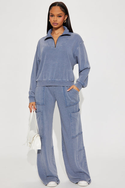 Come And Go Quarter Zip Washed Pant Set - Navy