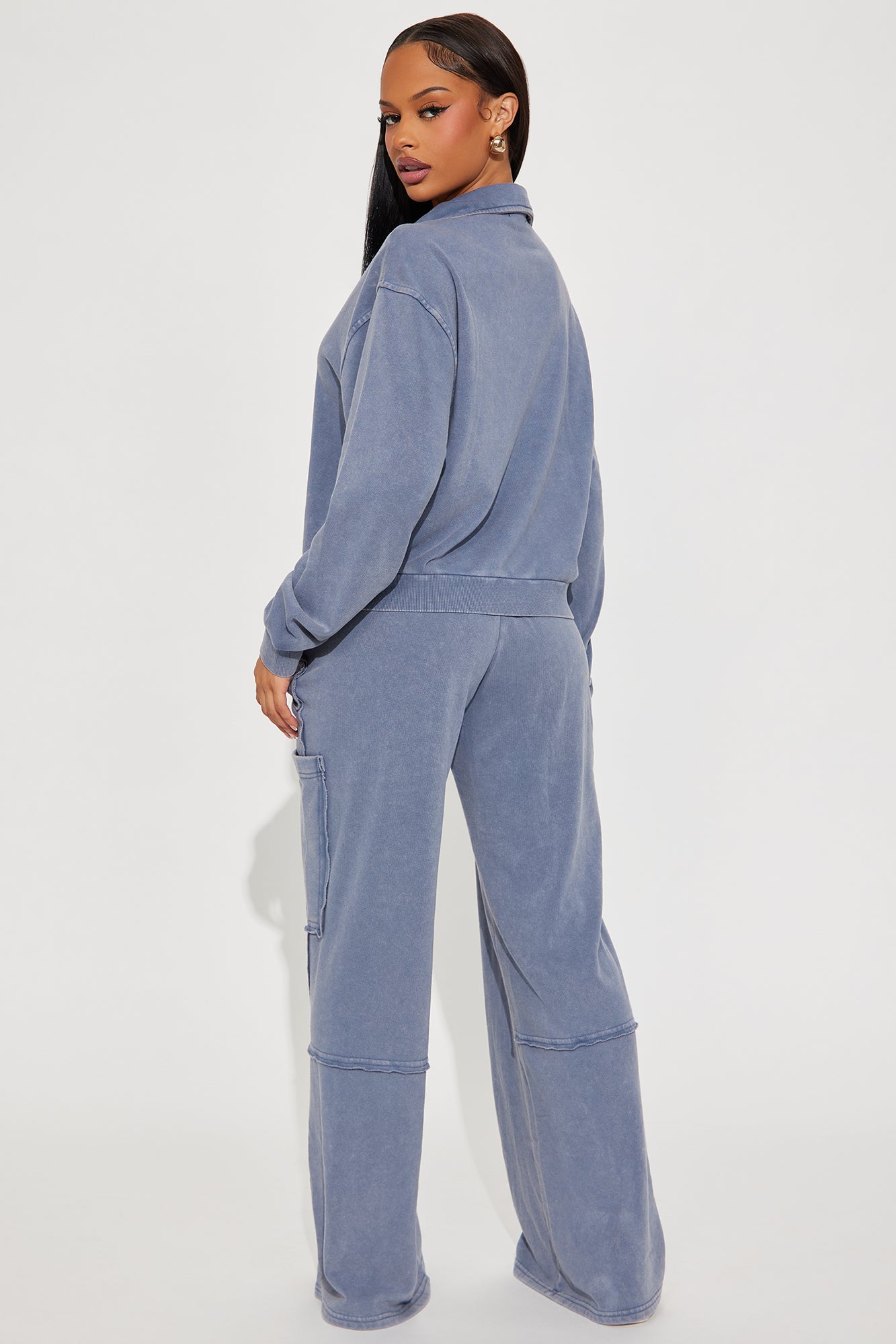 Come And Go Quarter Zip Washed Pant Set - Navy