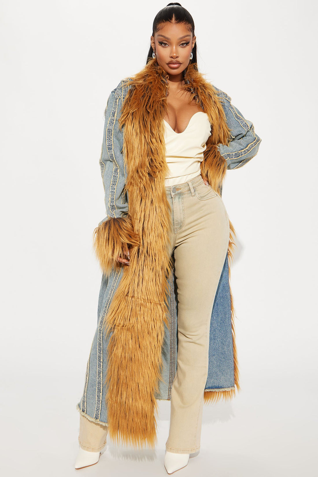 Bad Habits Faux Fur Trim Denim Coat - Vintage Wash