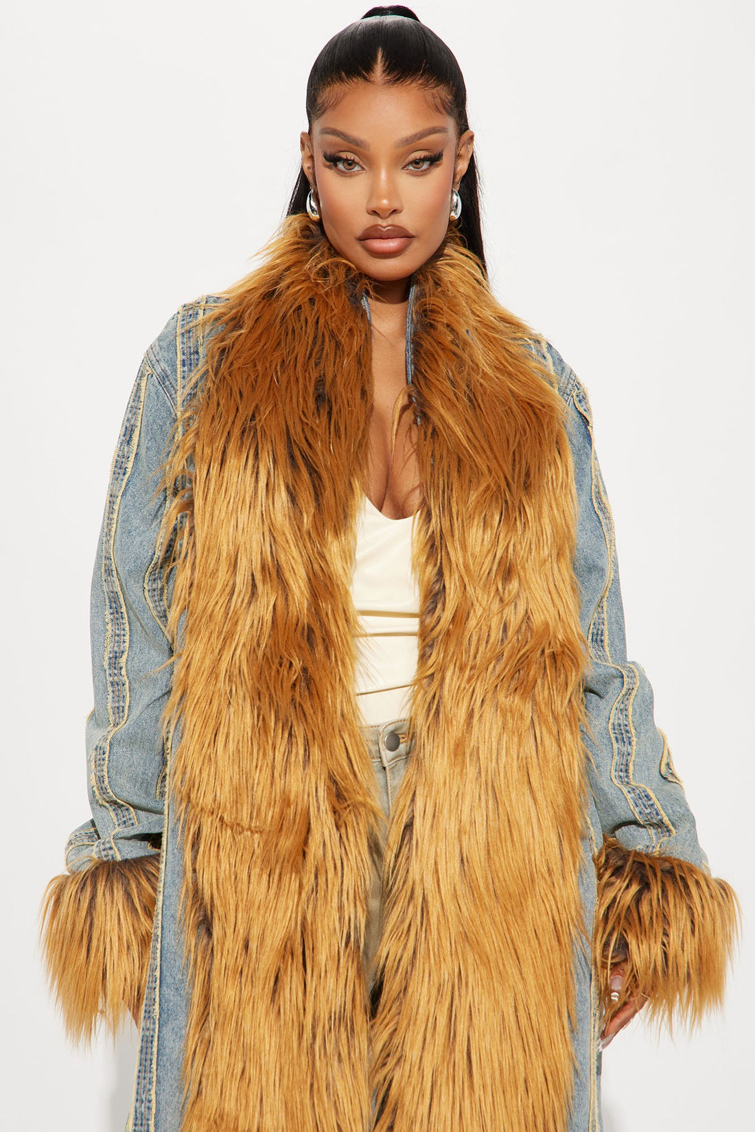 Bad Habits Faux Fur Trim Denim Coat - Vintage Wash