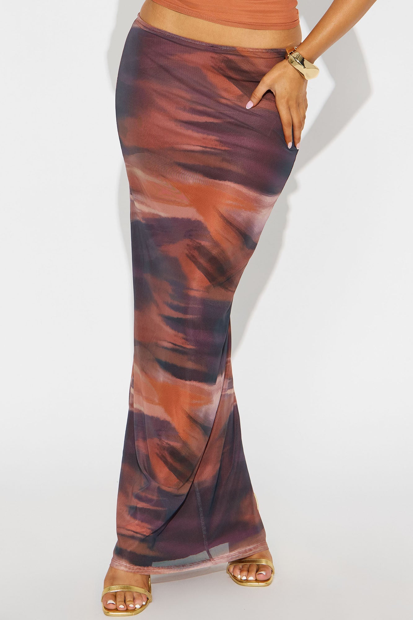 Just My Vibe Abstract Mesh Maxi Skirt - Orange/combo