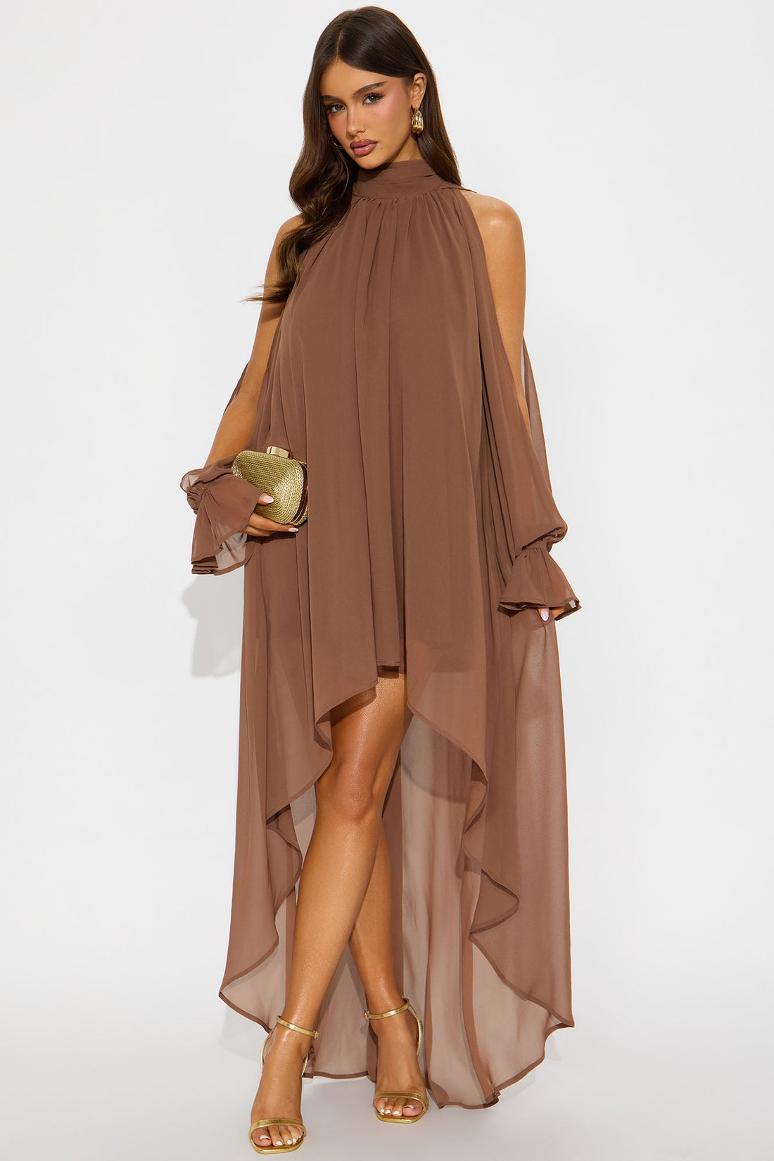 Aryal Long Sleeve Chiffon Maxi Dress - Brown