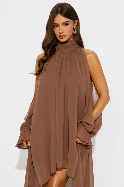 Aryal Long Sleeve Chiffon Maxi Dress - Brown