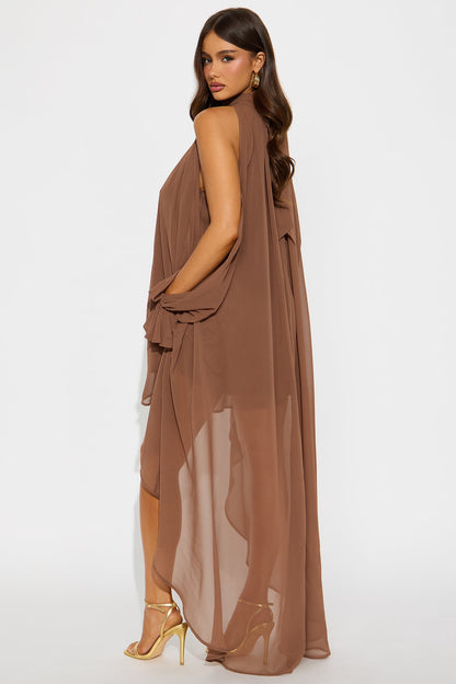Aryal Long Sleeve Chiffon Maxi Dress - Brown