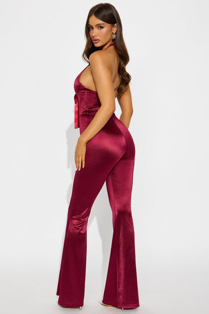 Seeking Some Fun Satin Jumpsuit - Wine