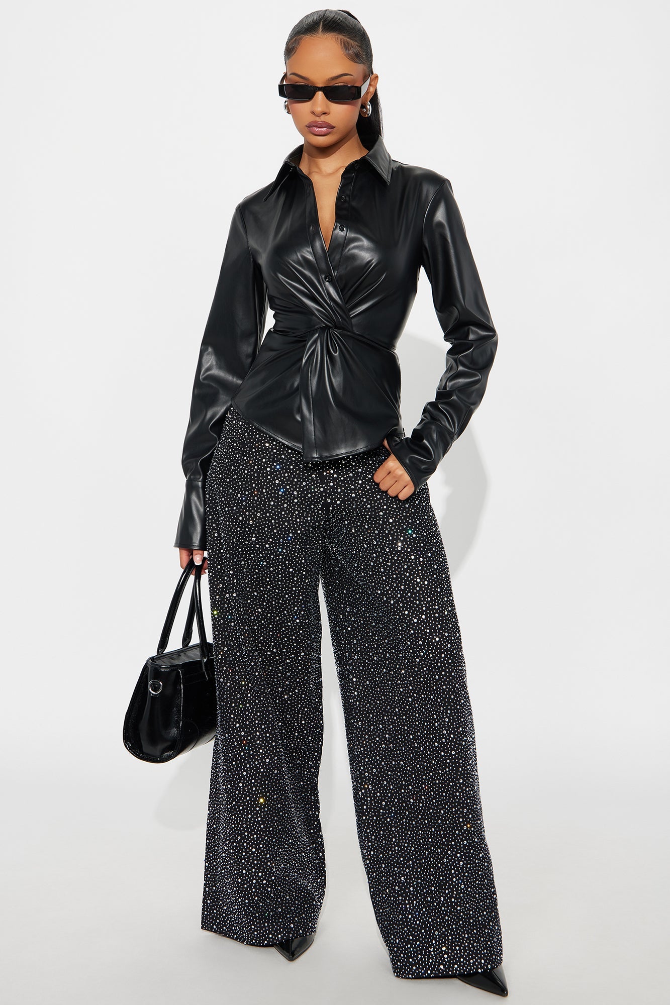 Jelena Twisted Faux Leather Top - Black