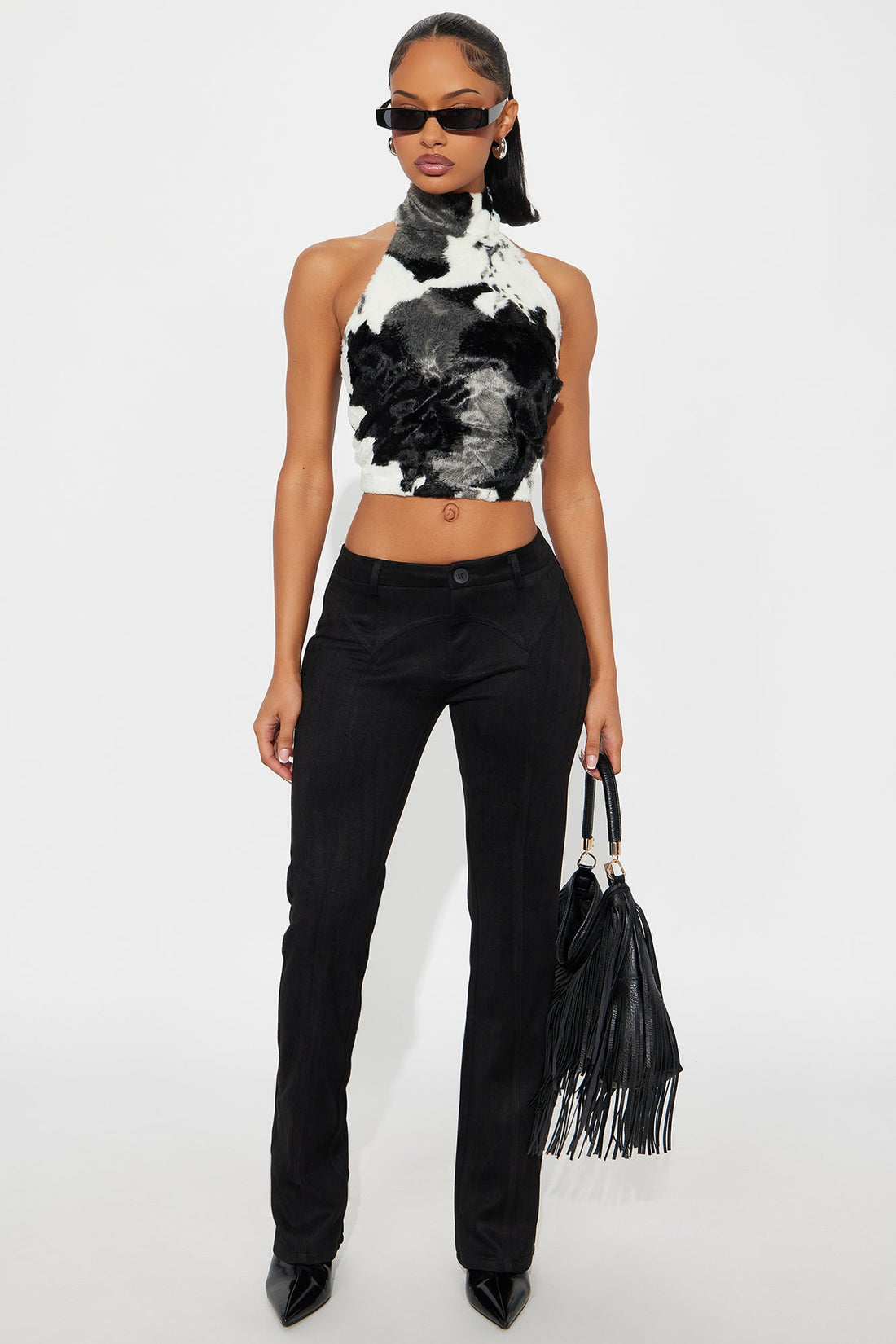 Public Attention Cow Faux Fur Halter Top - Black/White