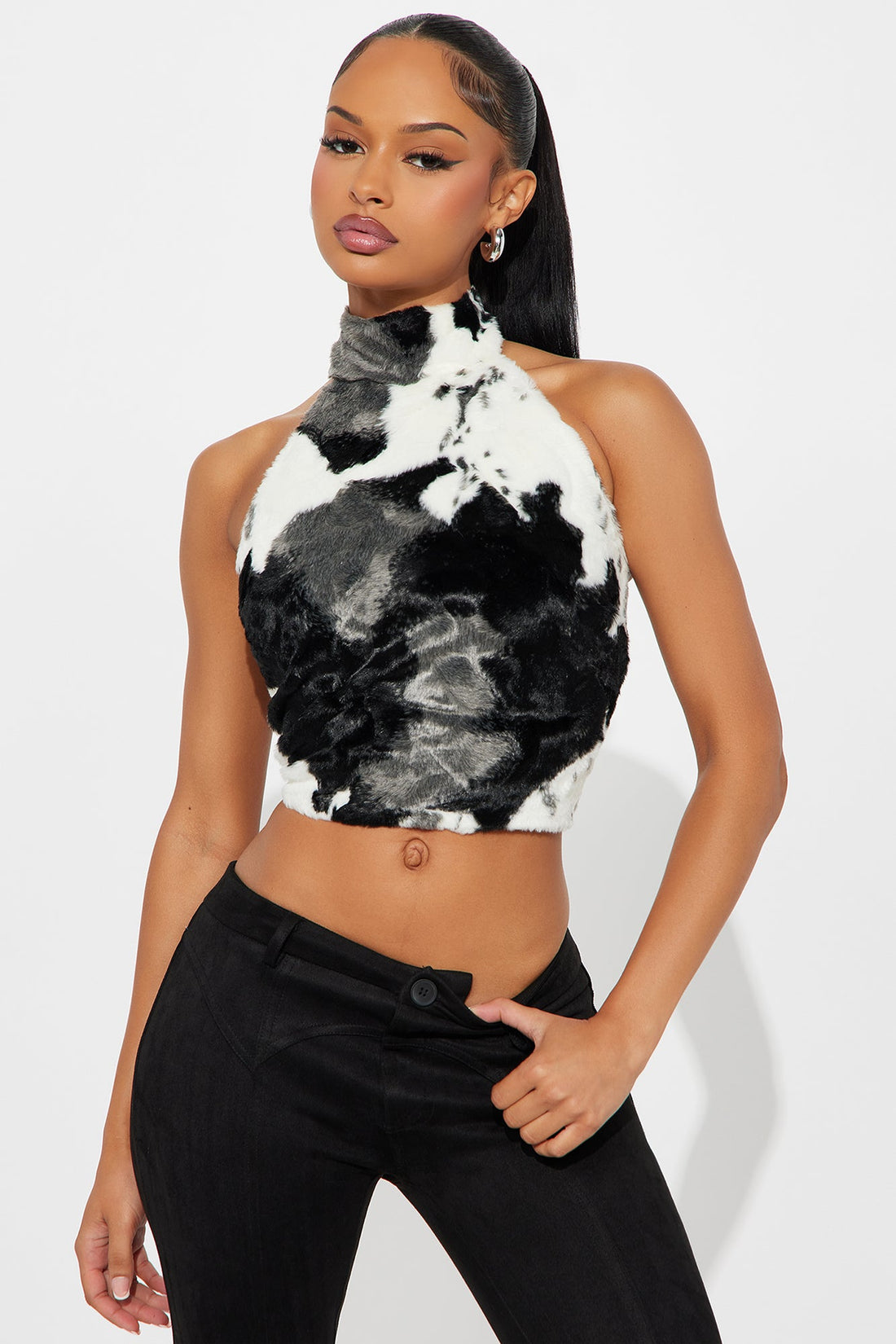 Public Attention Cow Faux Fur Halter Top - Black/White