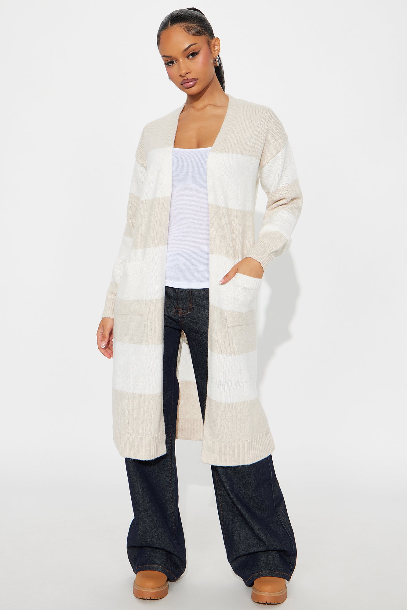 Stassie Striped Long Cardigan - Oatmeal/combo