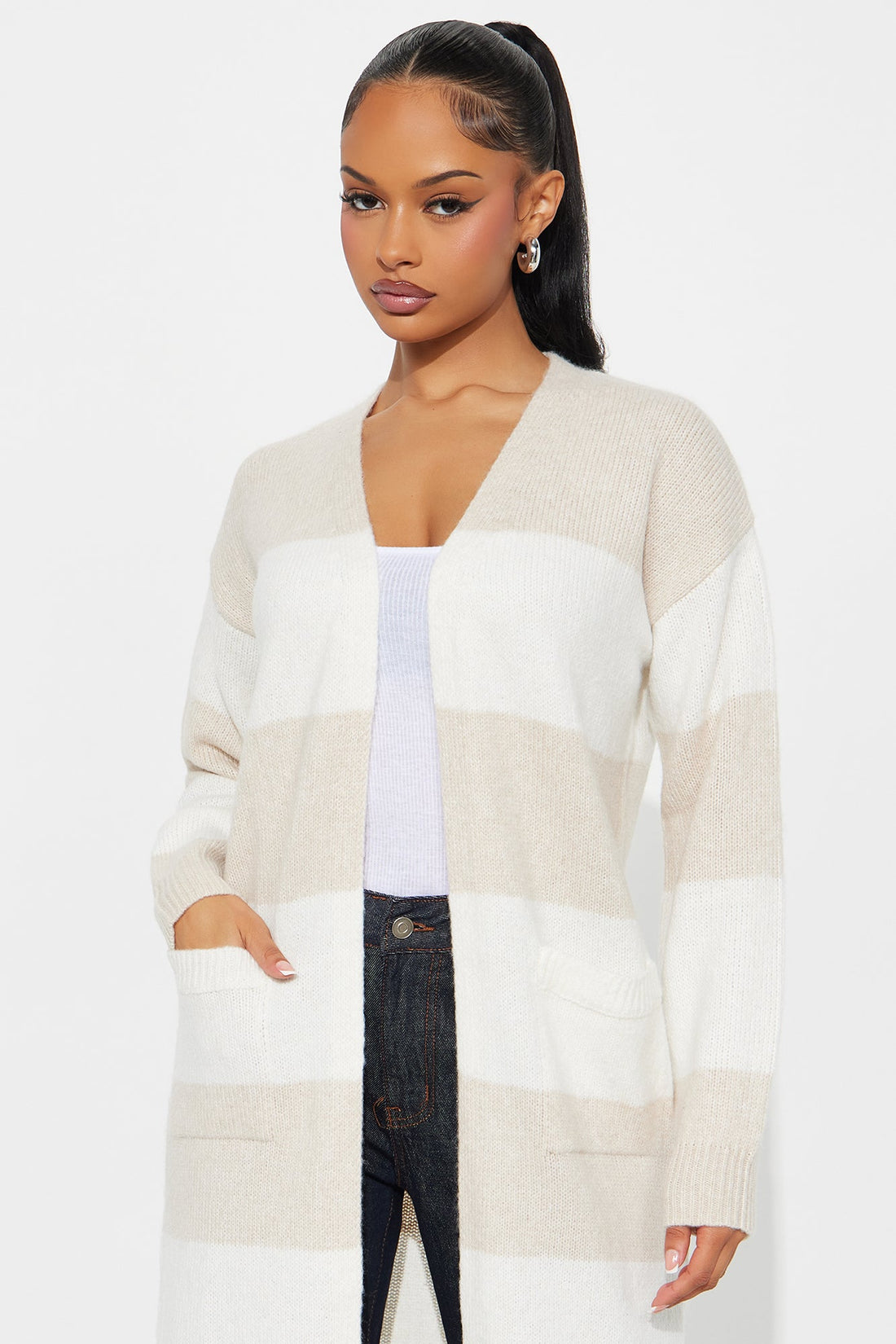 Stassie Striped Long Cardigan - Oatmeal/combo