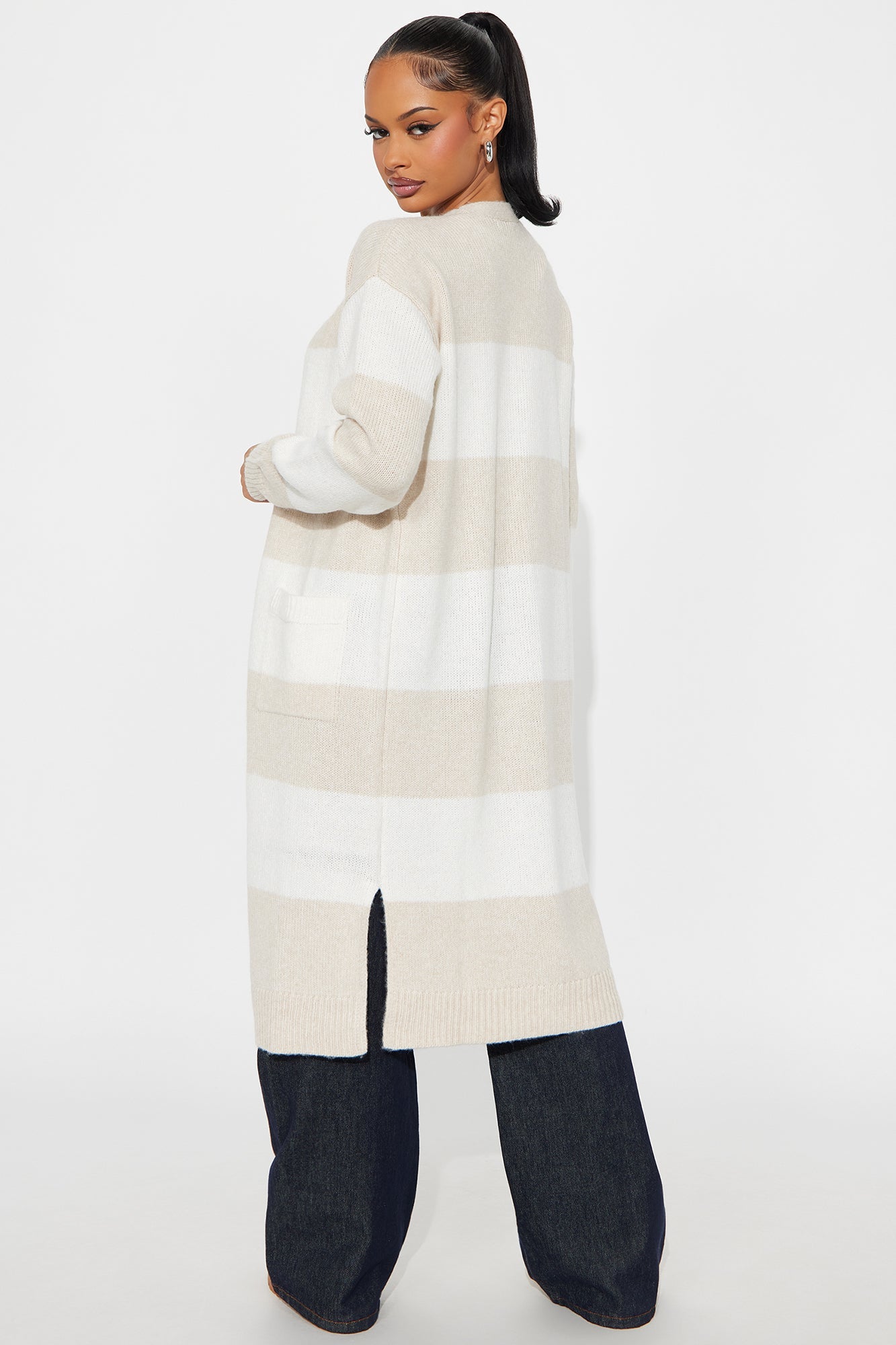 Stassie Striped Long Cardigan - Oatmeal/combo