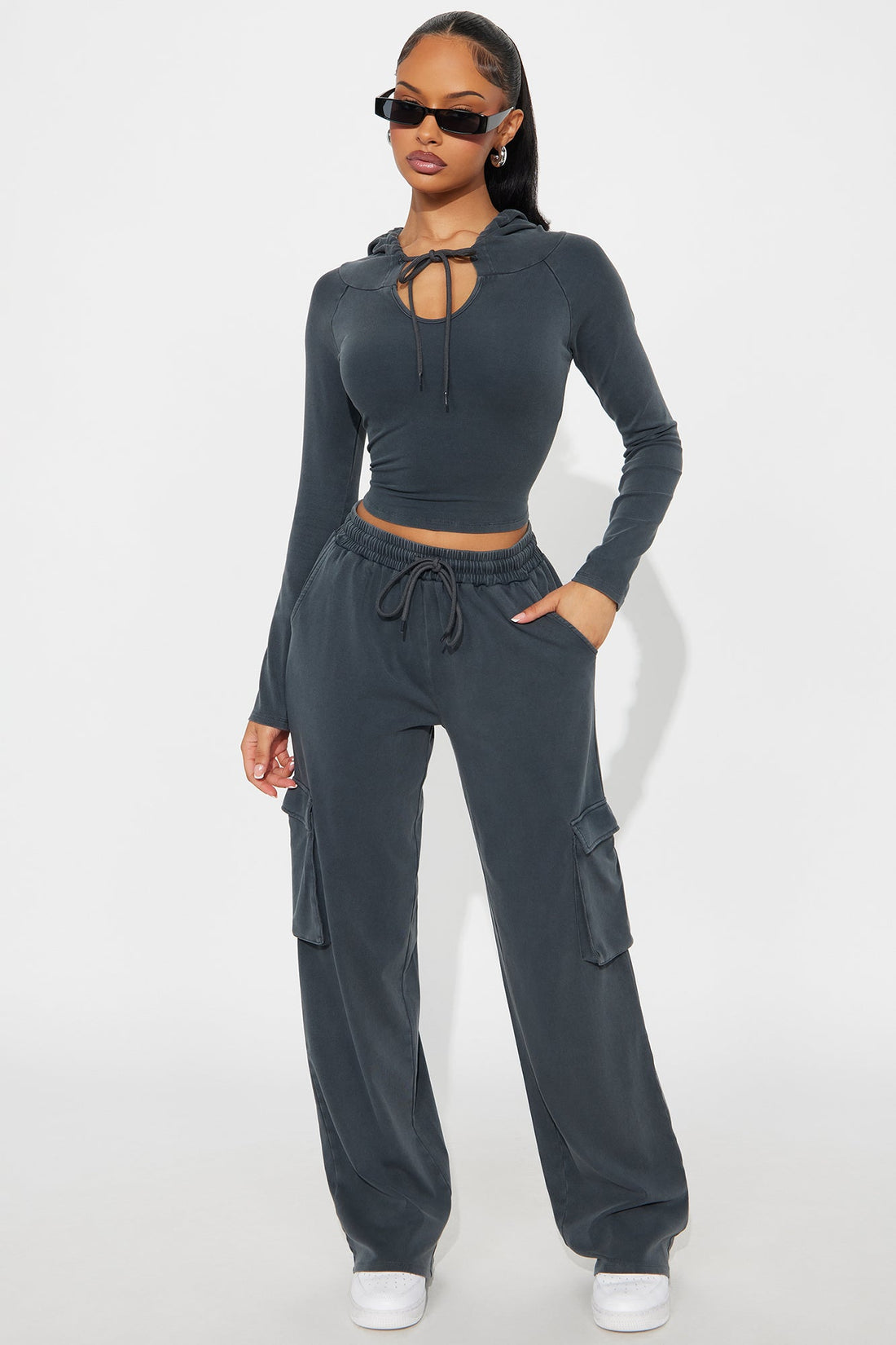Keep It Casual Washed Pant Set - Charcoal