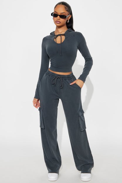 Keep It Casual Washed Pant Set - Charcoal