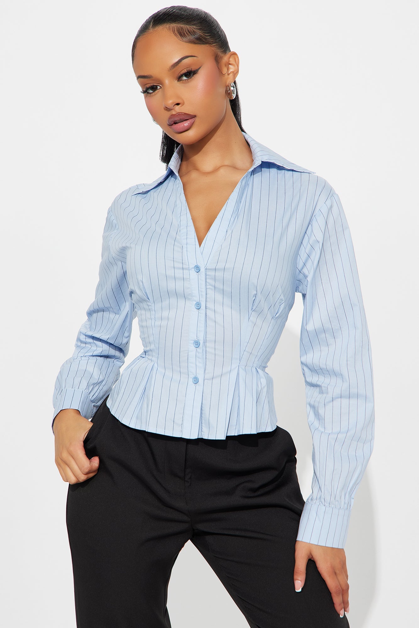 Stripe Me Pleated Poplin Button Up Shirt - Blue/combo