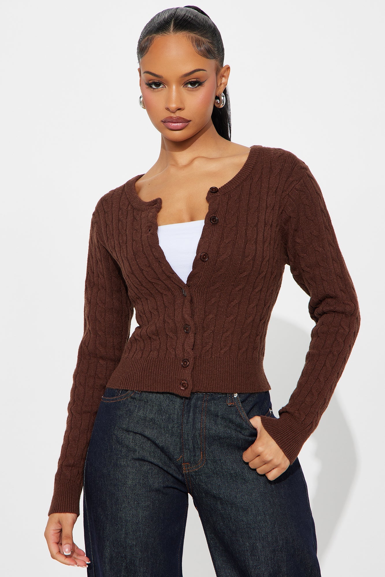 Elowen Cable Knit Cardigan - Chocolate