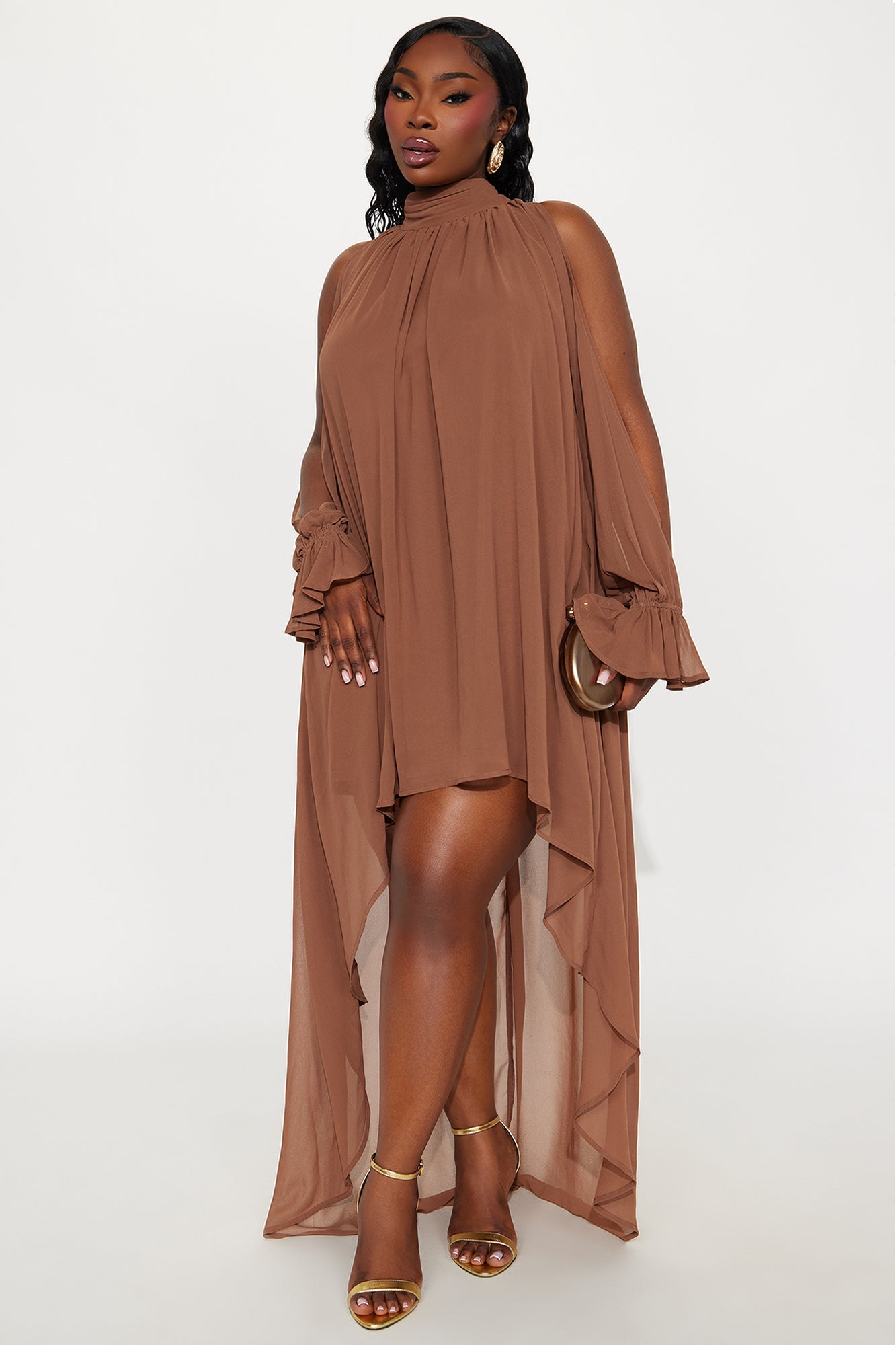 Aryal Long Sleeve Chiffon Maxi Dress - Brown