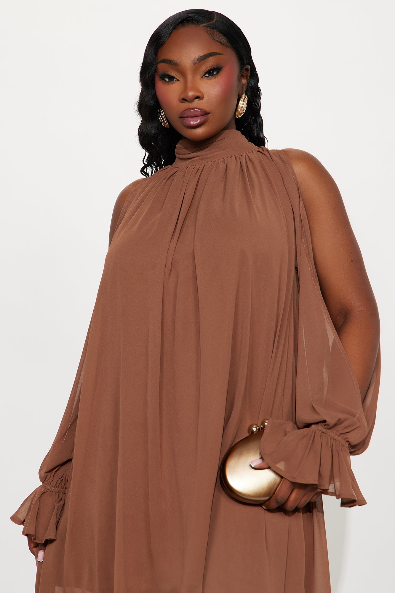 Aryal Long Sleeve Chiffon Maxi Dress - Brown