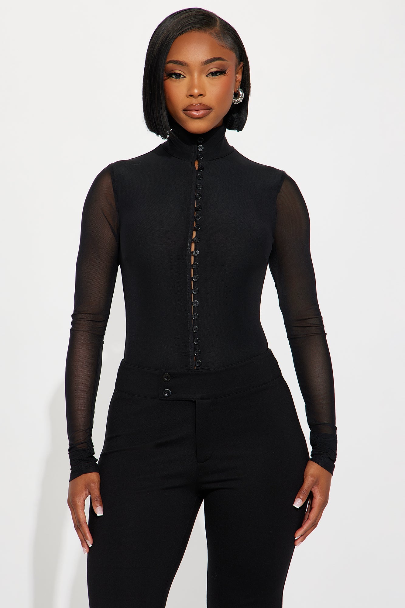 Victoria Button Up Turtle Neck Mesh Bodysuit - Black