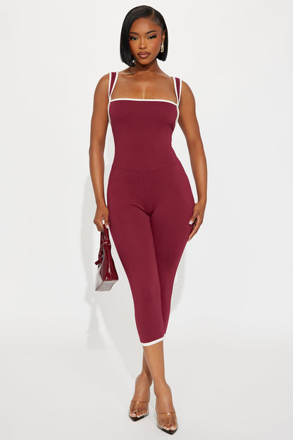 His Loss Contrast Trim Capri Jumpsuit - Wine