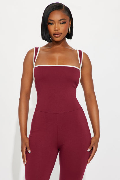 His Loss Contrast Trim Capri Jumpsuit - Wine